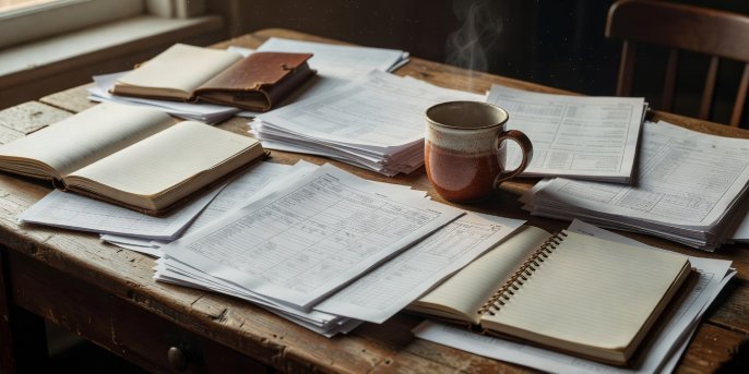 A wooden editorial desk covered in printed film schedules, notebooks, and a warm ceramic mug