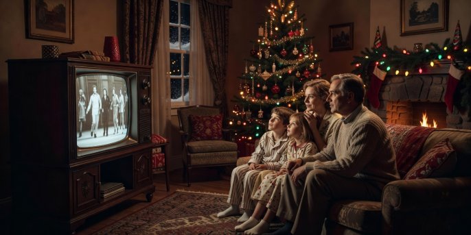 A family watching a vintage wooden television set glowing softly in a dark holiday living room