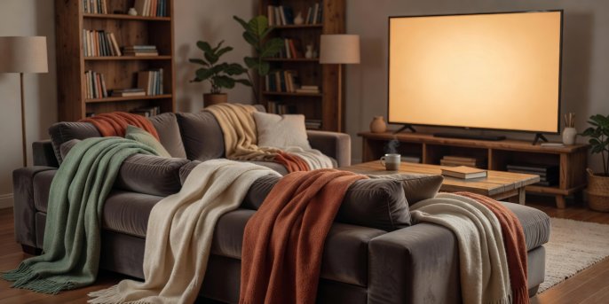 A living room couch draped with soft wool blankets facing a warm illuminated screen