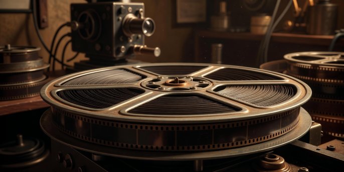 Vintage 35mm film reel lit warmly with amber light in an archival cinema projection booth