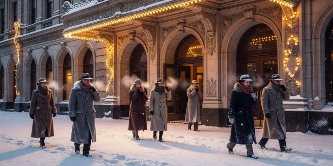 Cinema theater exterior lights shining warmly over fresh fallen snow as patrons arrive